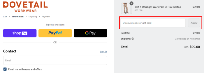 How to use Dovetail Workwear promo code