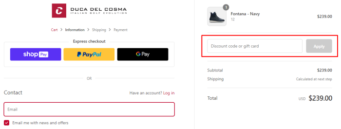 How to use Duca Del Cosma promo code