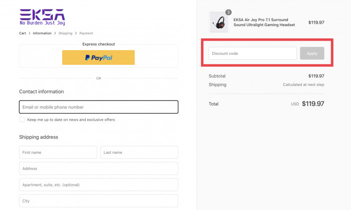 How to apply discount code at EKSA