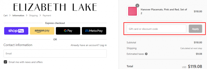 How to use ELIZABETH LAKE promo code