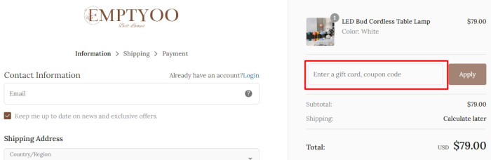 How to use Emptyoo promo code