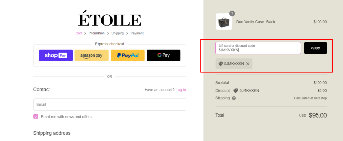 How to use Etoile promo code