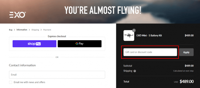 How to use EXO Drones promo code