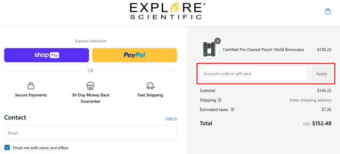 How to use Explore Scientific promo code