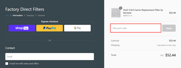 How to use Factory Direct Filters promo code