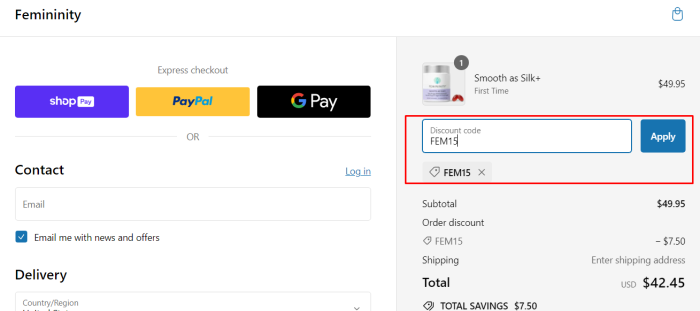 How to use Femininity promo code