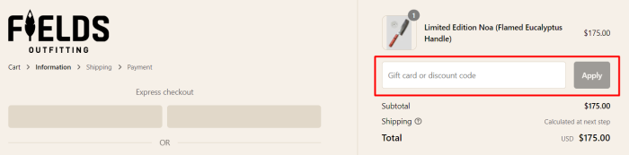 How to use Fields Outfitting promo code