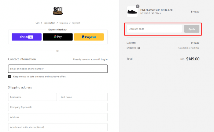 how to apply discount code at Fini Shoes