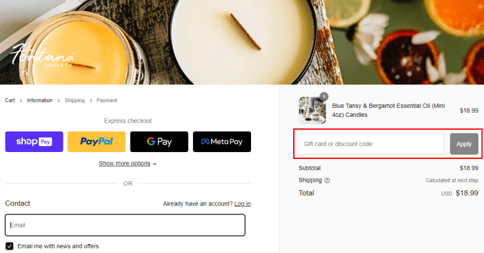 How to use Fontana Candle Company promo code