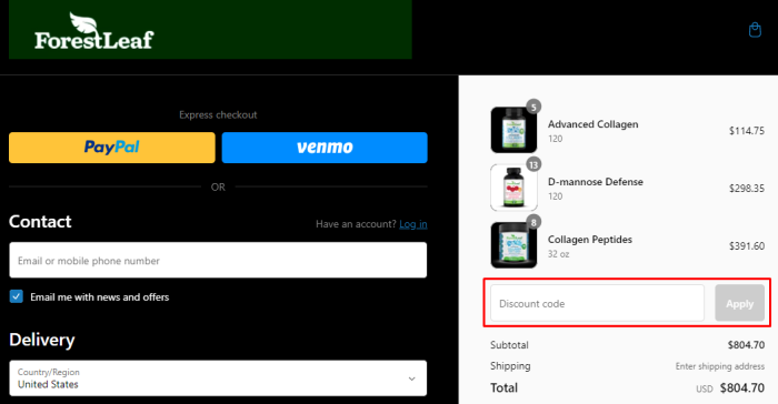 How to use Forest Leaf promo code
