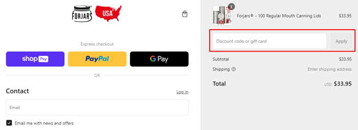 How to use Forjars promo code