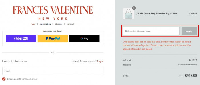 How to use FRANCES VALENTINE promo code