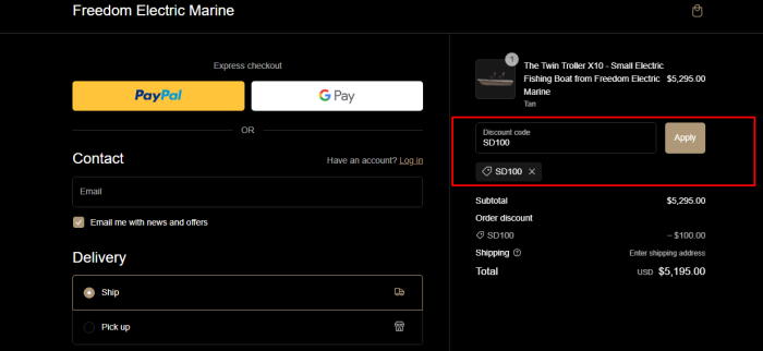 How to use Freedom Electric Marine promo code