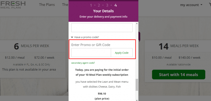 how to apply fresh meal plan promo code