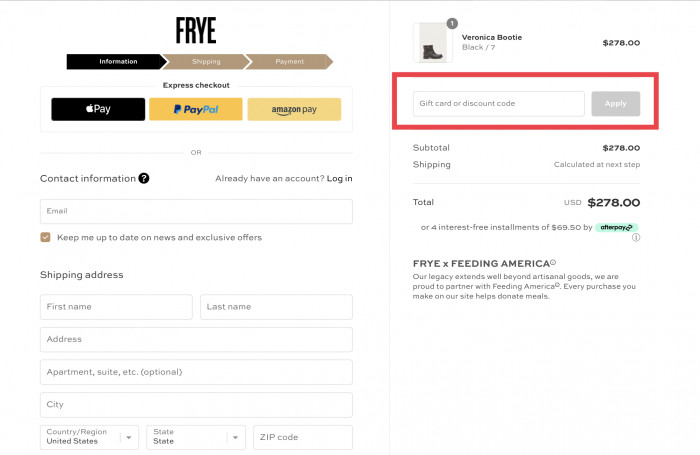 How to apply discount code at FRYE