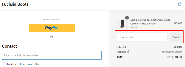 How to use Fuchsia Boots promo code