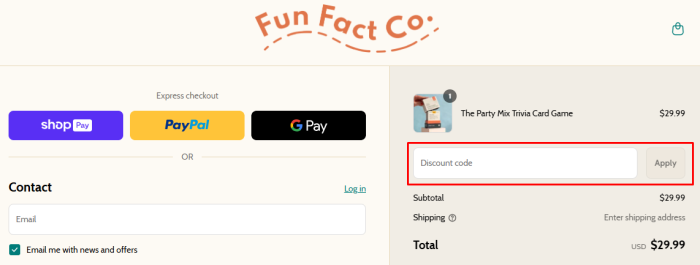 How to use Fun Fact Co. promo code
