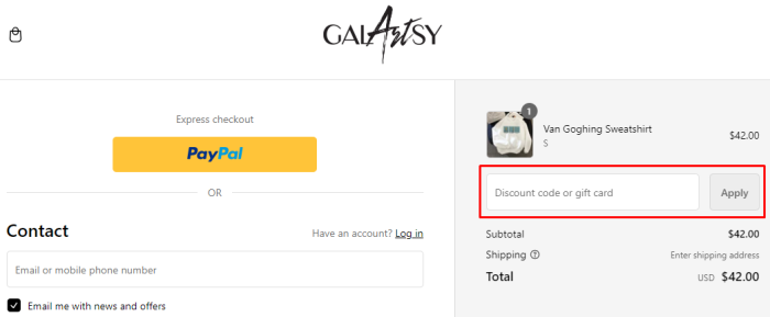 How to use Galartsy promo code