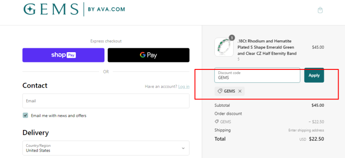 How to use GemsbyAva.com promo code