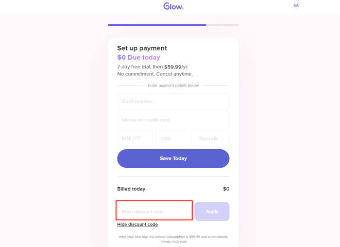 How to use Glow Inc. promo code