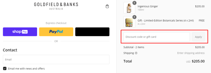 How to use Goldfield & Banks promo code