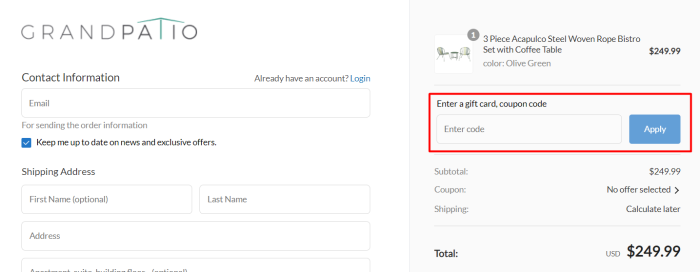 How to use Grand Patio promo code