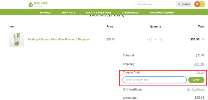 How to use Green Virgin Products promo code