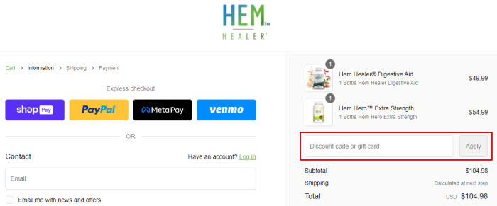 How to use Hem Healer promo code