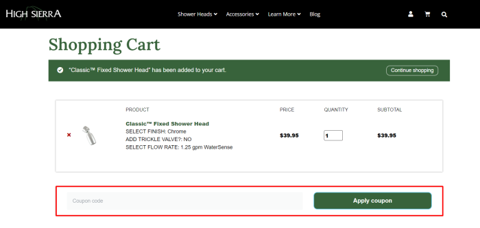 How to use High Sierra Showerheads promo code
