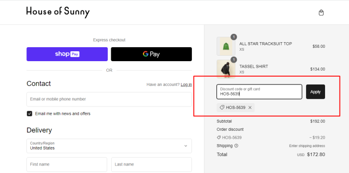 How to use House of Sunny promo code