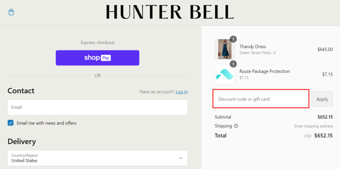 How to use HUNTER BELL promo code