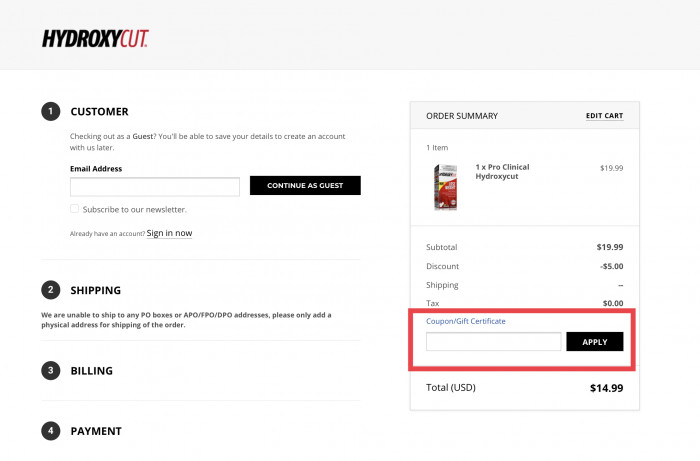 How to use coupon code at Hydroxycut