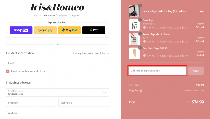 How to use Iris&Romeo promo code