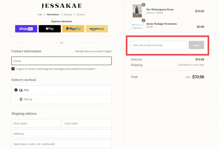 How to apply discount code at JessaKae