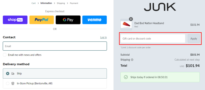 How to use JUNK Brands promo code
