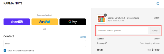 How to use KARMA NUTS promo code