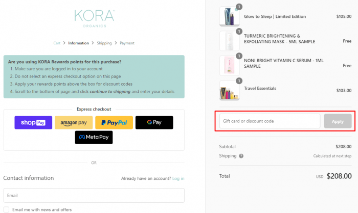 How to use KORA Organics promo code