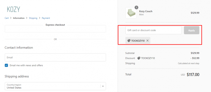How to use KOZY promo code