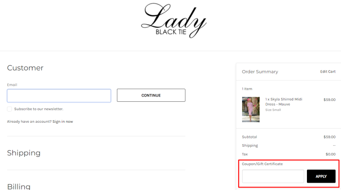 How to use Lady Black Tie promo code