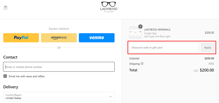How to use LadyBoss Glasses promo code