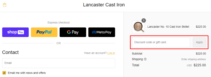 How to use Lancaster Cast Iron promo code