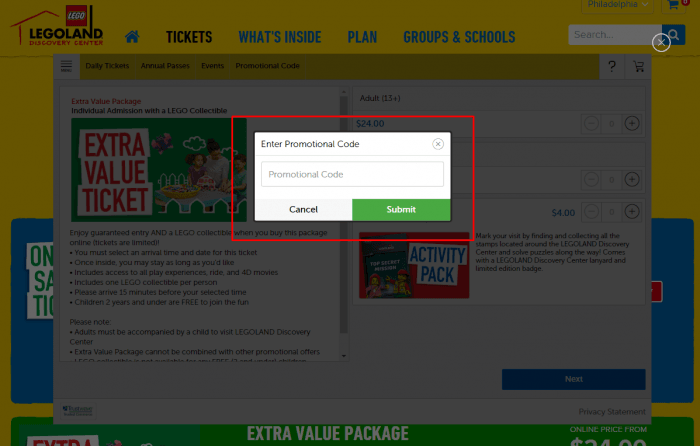 How to use a promotional code at Legoland Discovery Center