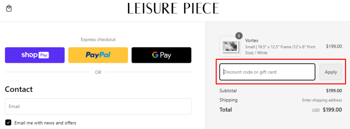 How to use LEISURE PIECE promo code