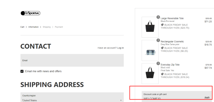 How to use LeSportsac promo code