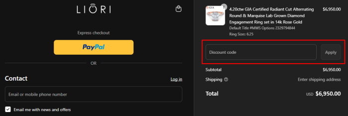 How to use Liori Diamonds promo code