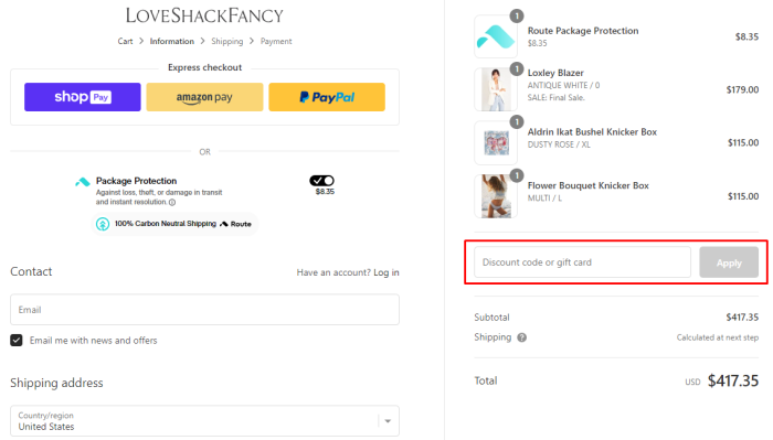 How to use LoveShackFancy promo code