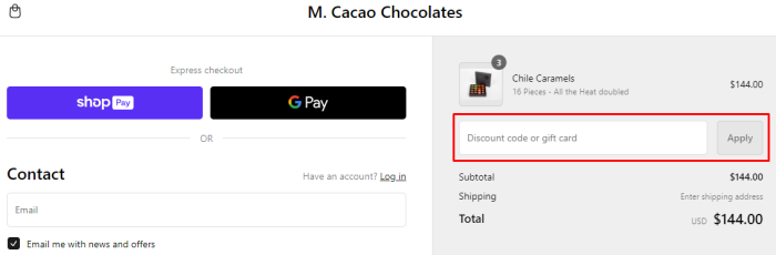 How to use M. Cacao promo code