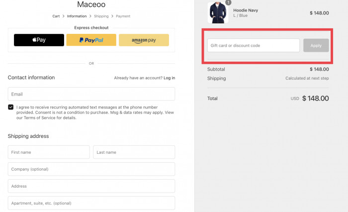 How to apply discount code at Maceoo