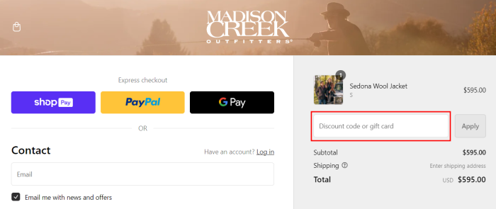 How to use Madison Creek Outfitters promo code