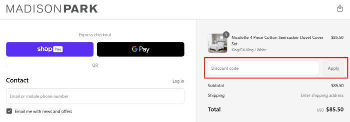 How to use Madison Park promo code
